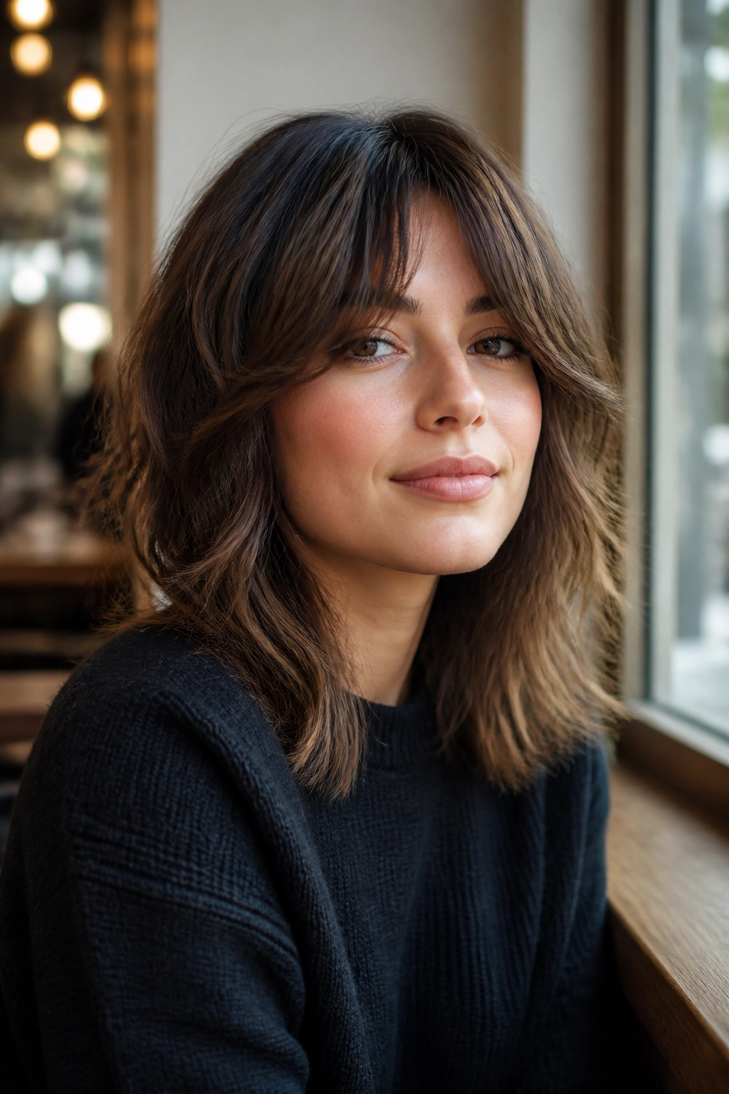 Portrait of a woman with shaggy mid-length cut and curtain bangs