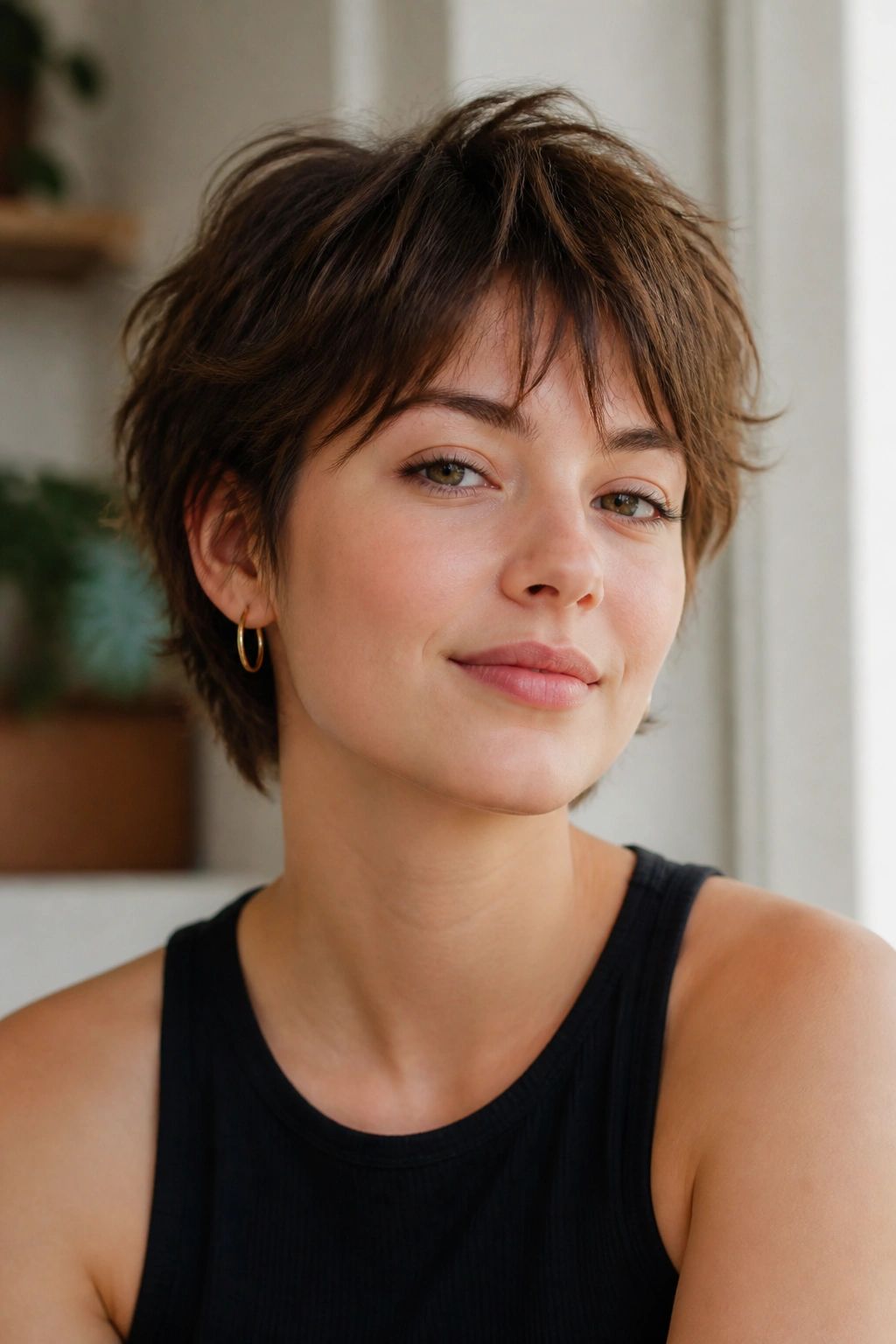 Close-up portrait of a real woman with shaggy mini cut and airy bangs in bright room