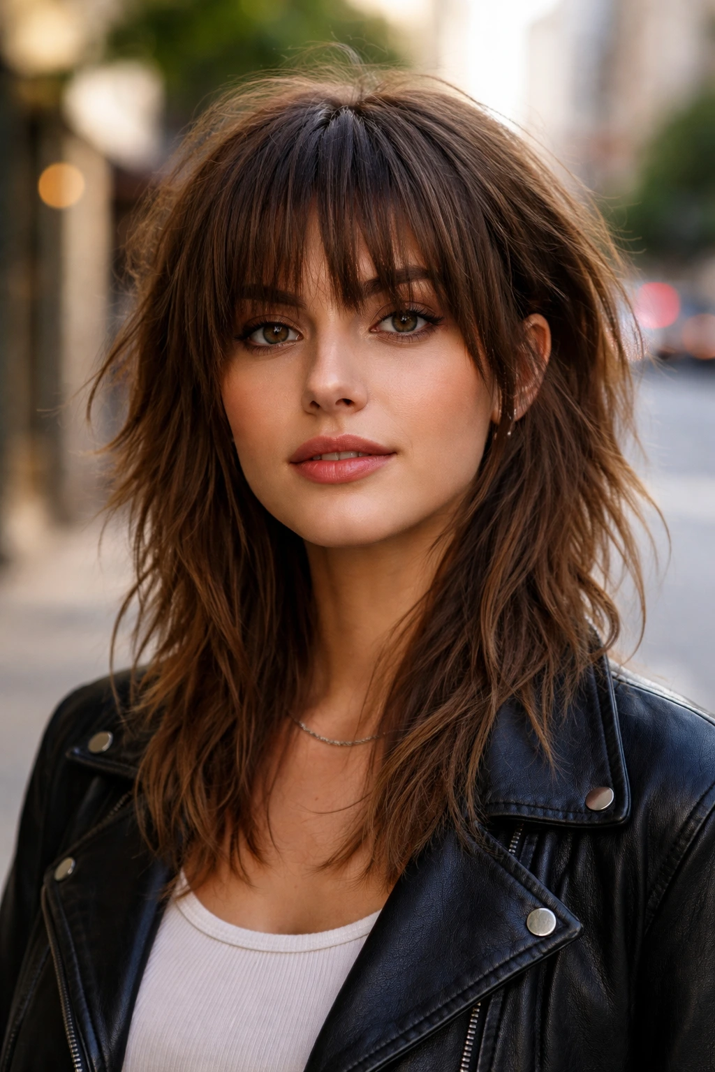 Close-up of a real person with shaggy mullet bangs on an urban street