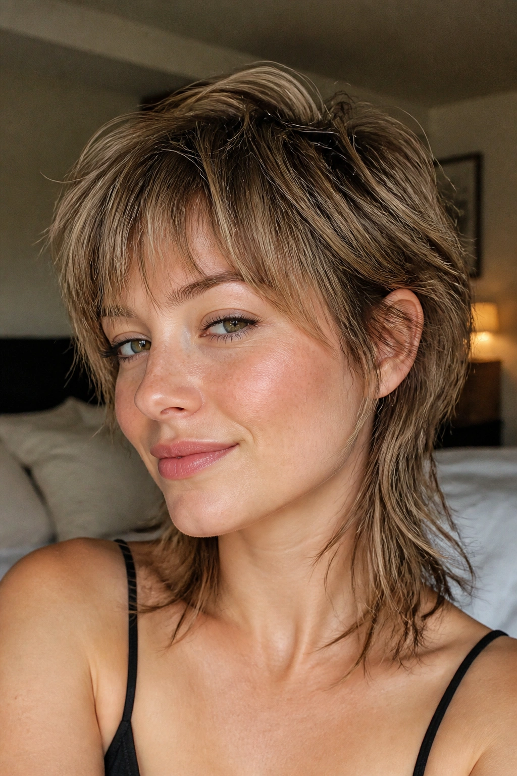Close-up portrait of a real woman with a tousled shaggy mullet for fine hair and soft layers.