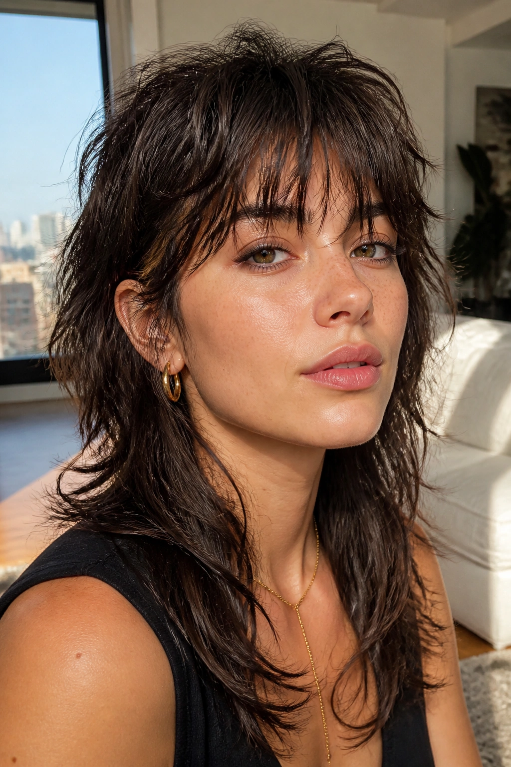 Close-up portrait of a real woman with shaggy mullet and wispy fringe in warm natural light.