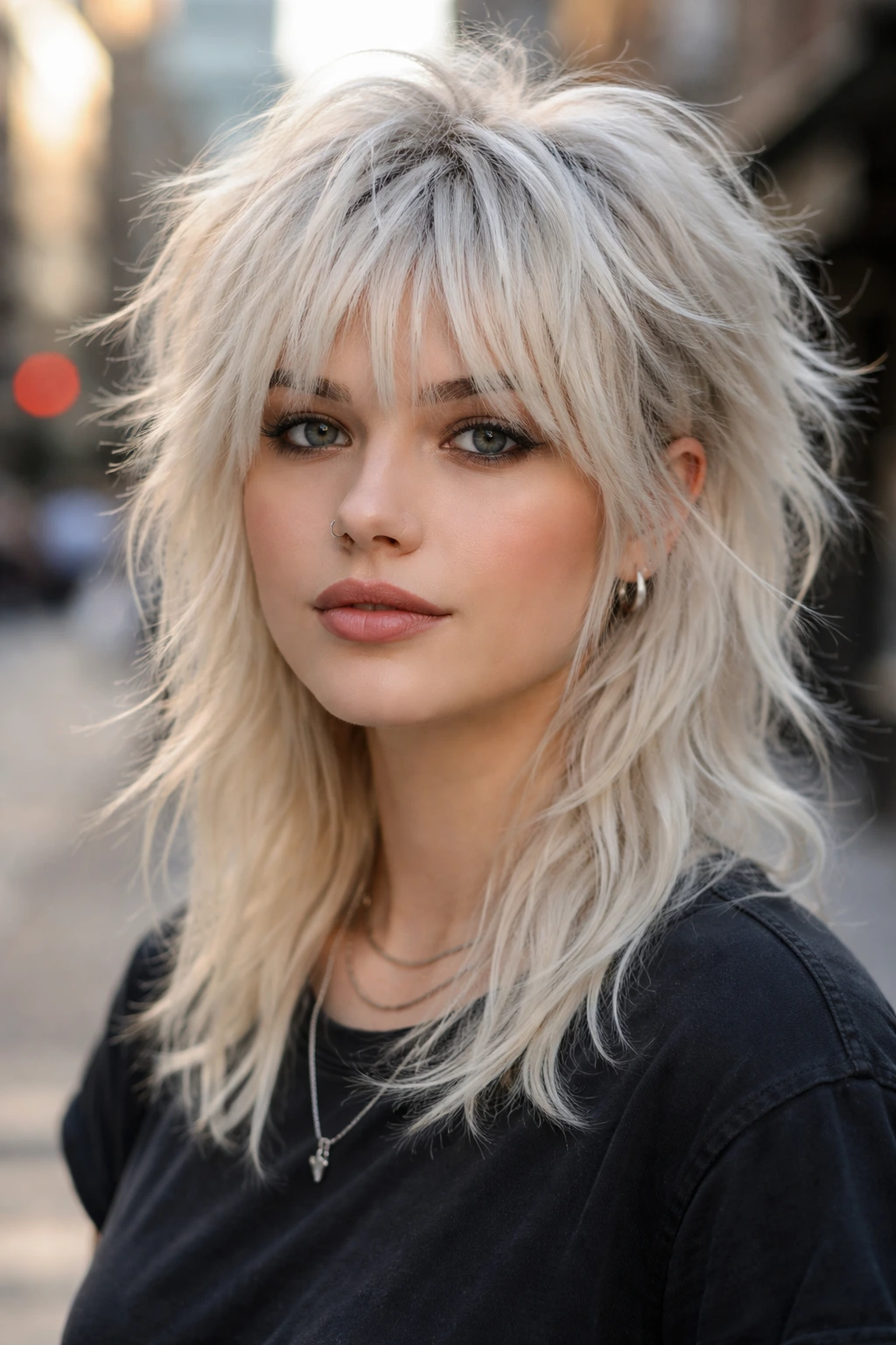 Close-up of a real person with a shaggy mullet and piecey fringe outdoors