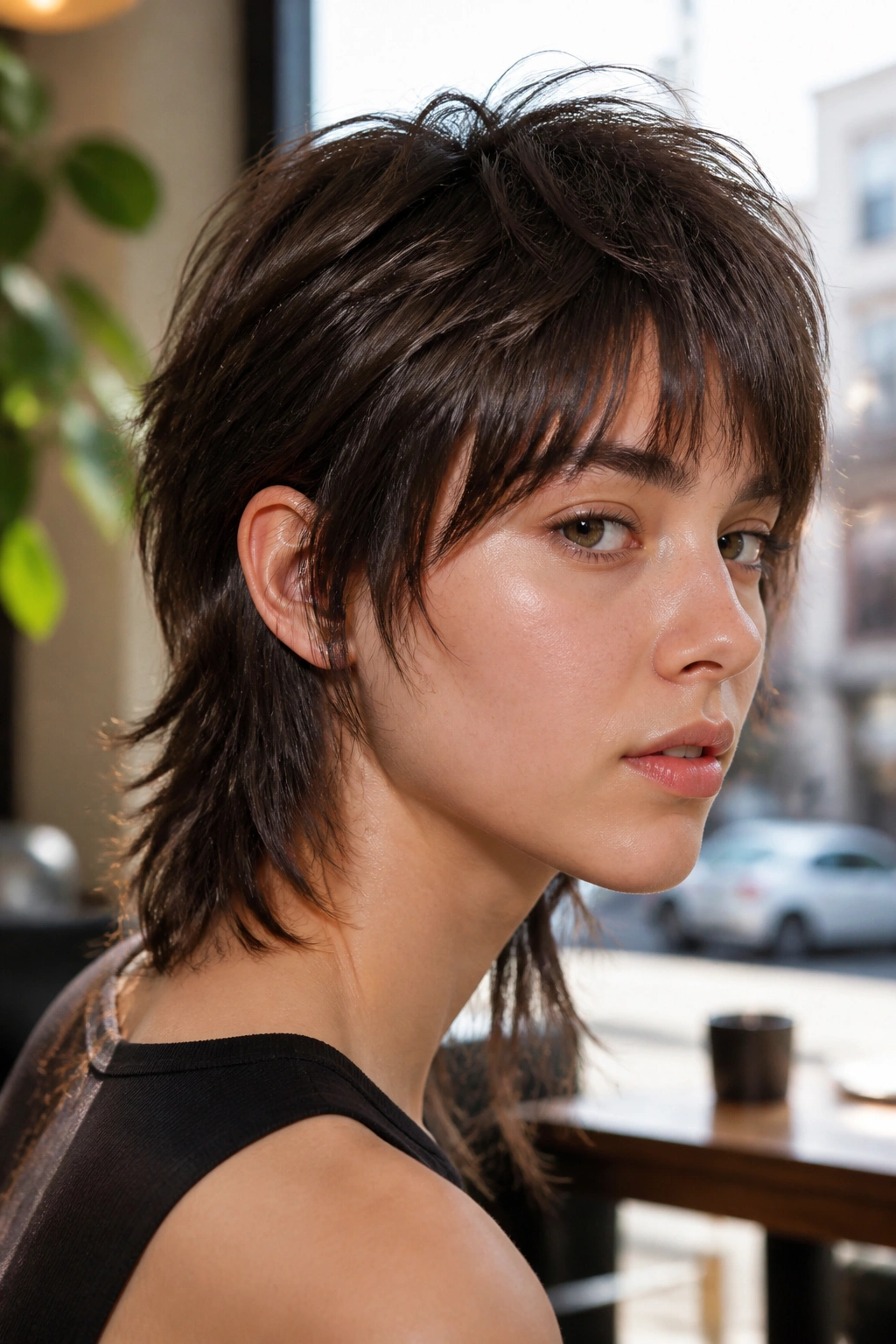 Close-up portrait of real person with shaggy mullet and soft edges in a sunlit cafe window.