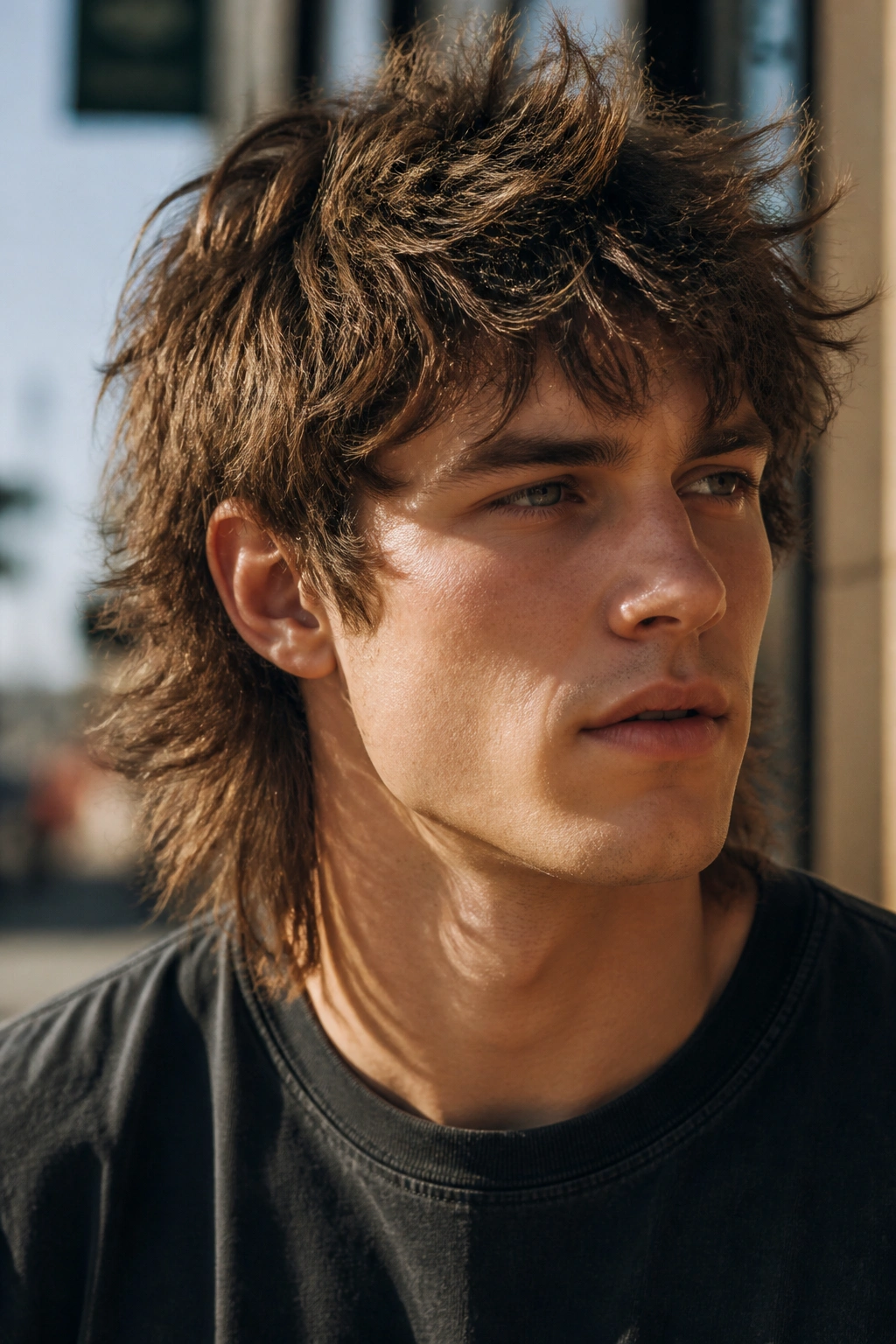 Close-up portrait of a real person with shaggy mullet and heavy texture in outdoor light
