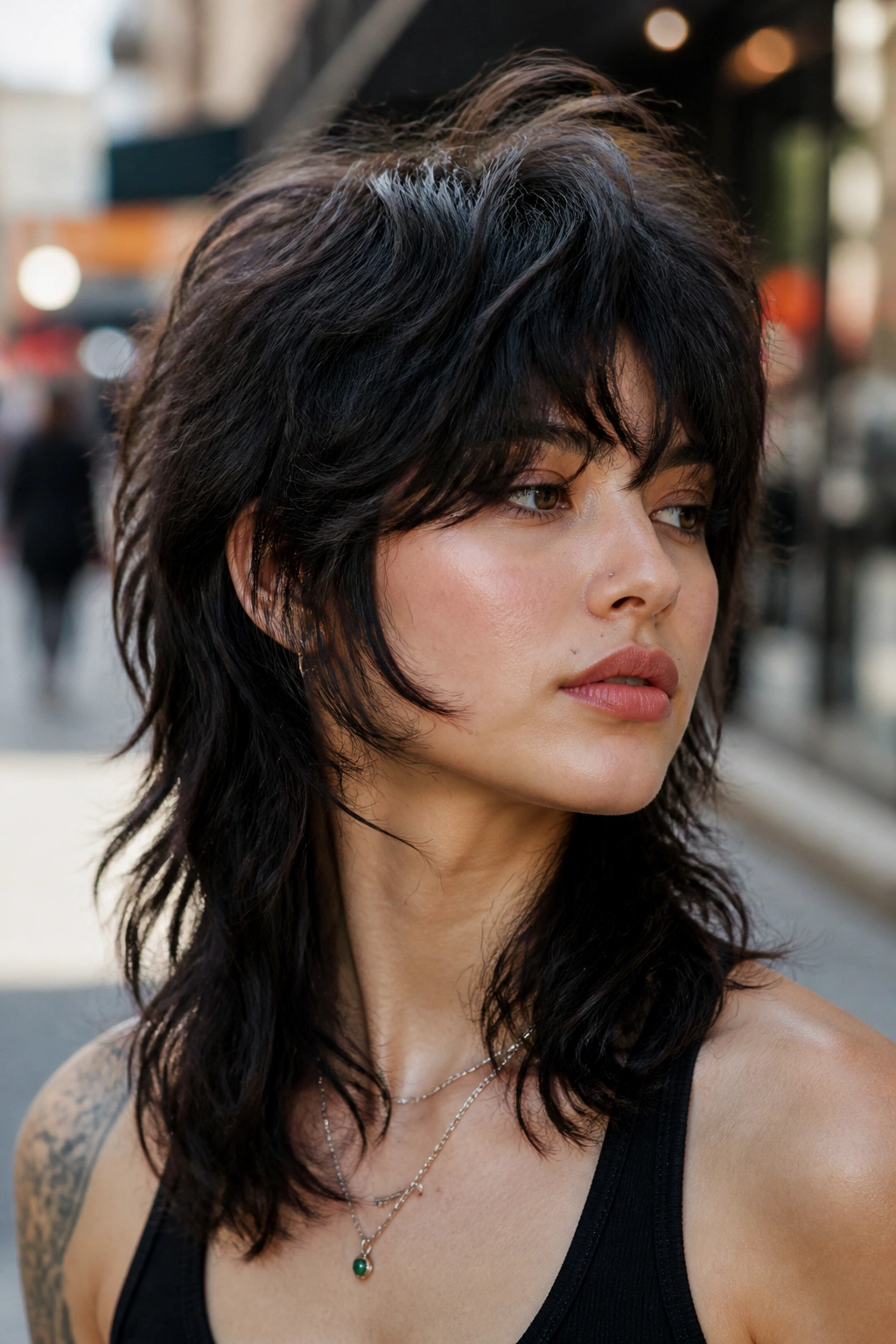 Close-up portrait of a real woman with a heavy layered shaggy mullet for thick hair.