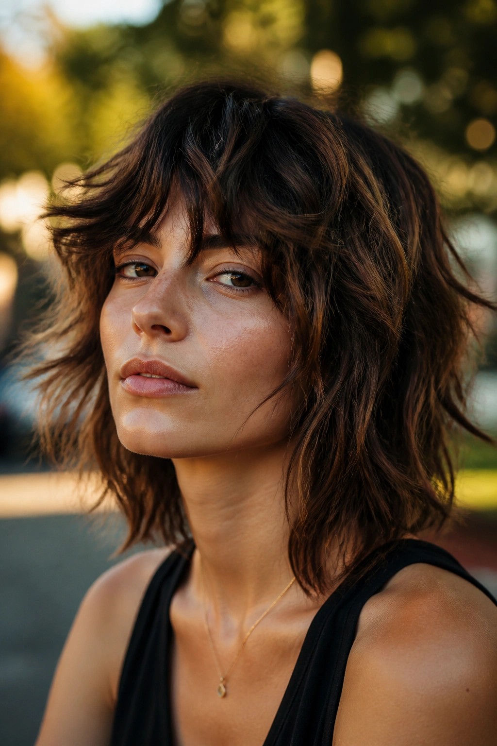 Close-up of a real person with shaggy piecey waves texture