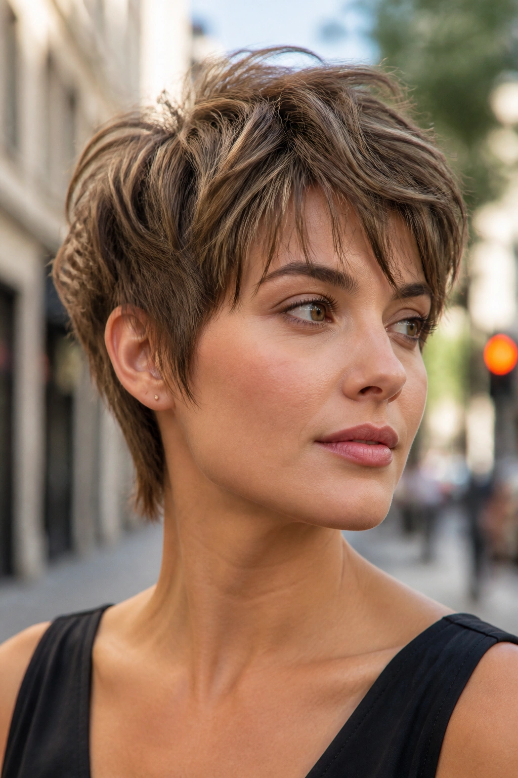 Close-up portrait of a real woman with shaggy razored pixie hairstyle