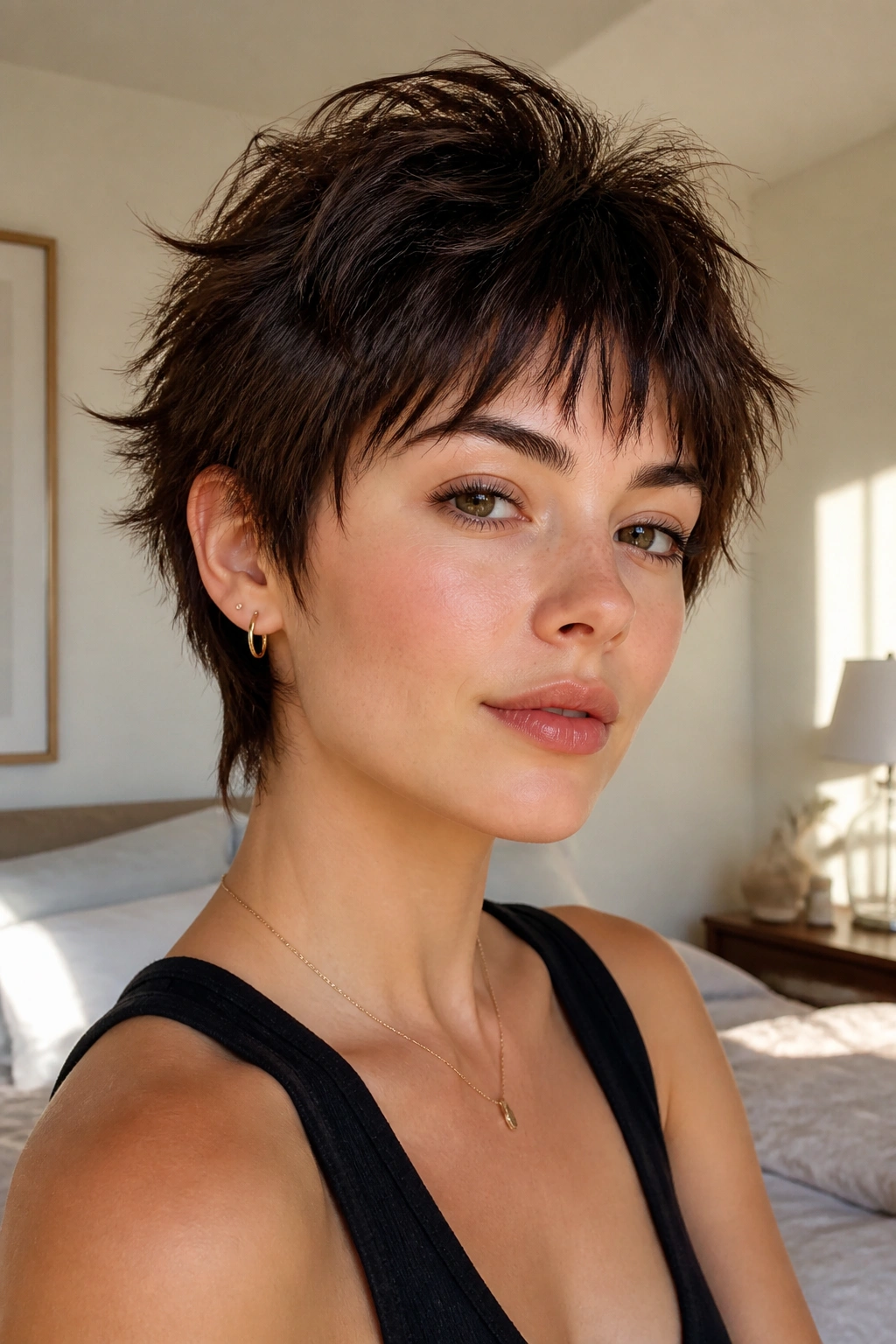 Close-up portrait of a real woman with shaggy pixie bangs and crown-height fringe in natural window light