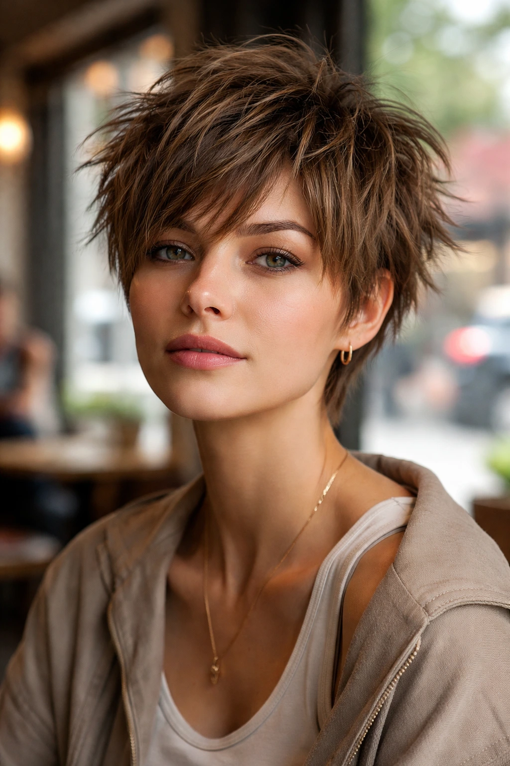 Close-up of a real woman with a shaggy pixie, crown volume and frayed ends under natural window light.