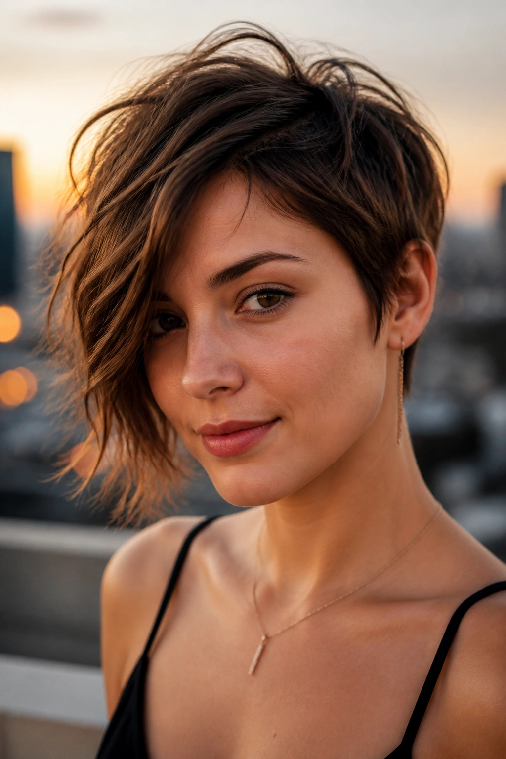 Portrait of a real person with Shaggy Pixie Bob With Length on One Side showing longer front piece by the jaw