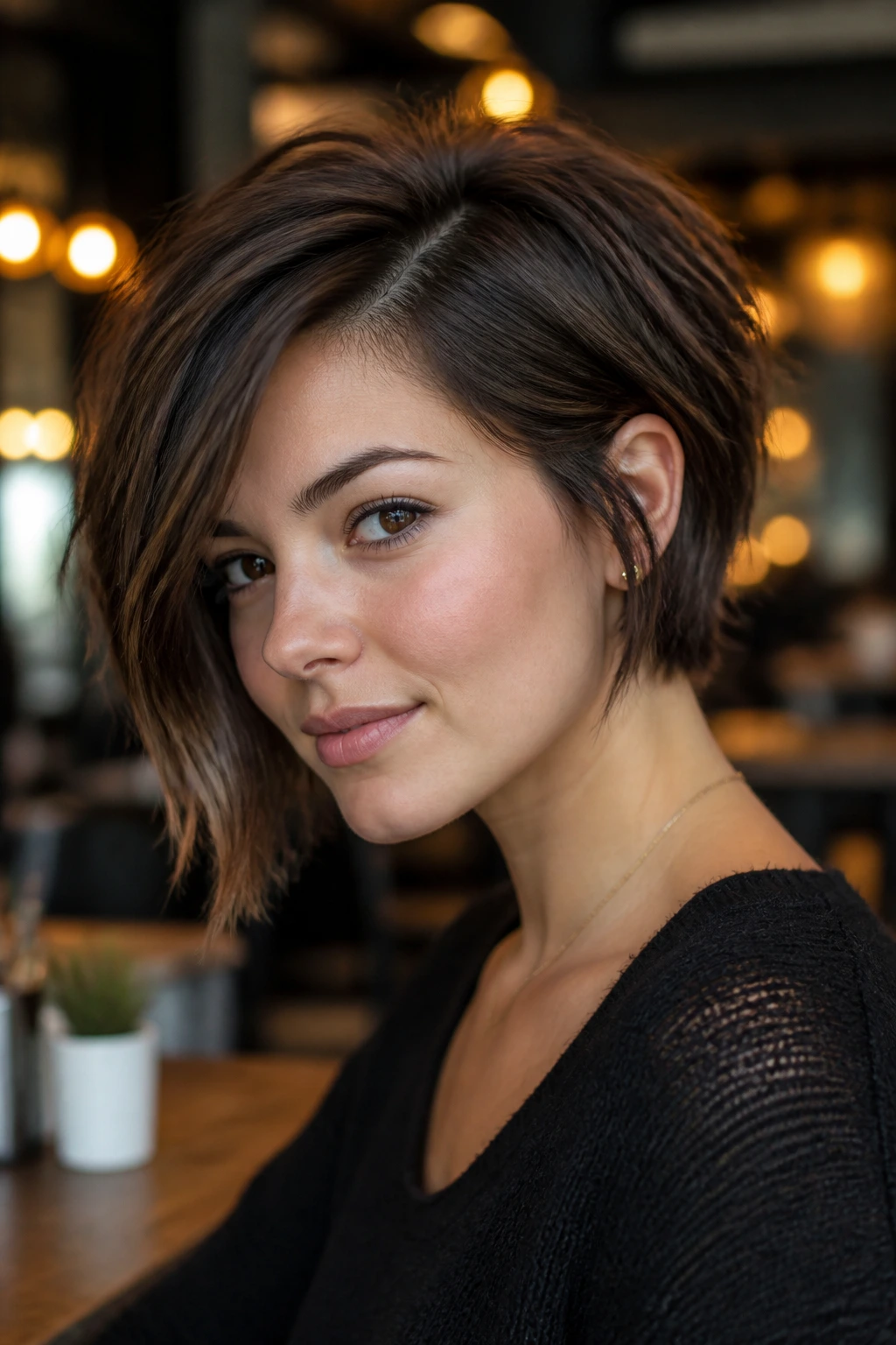 Real person with side-part shaggy pixie-bob in cozy cafe lighting