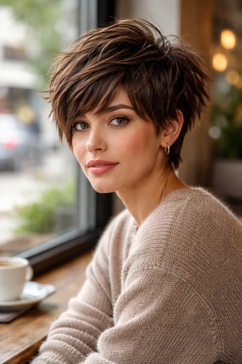 Close-up portrait of a brunette woman with a multi-layered shaggy pixie for volume and texture