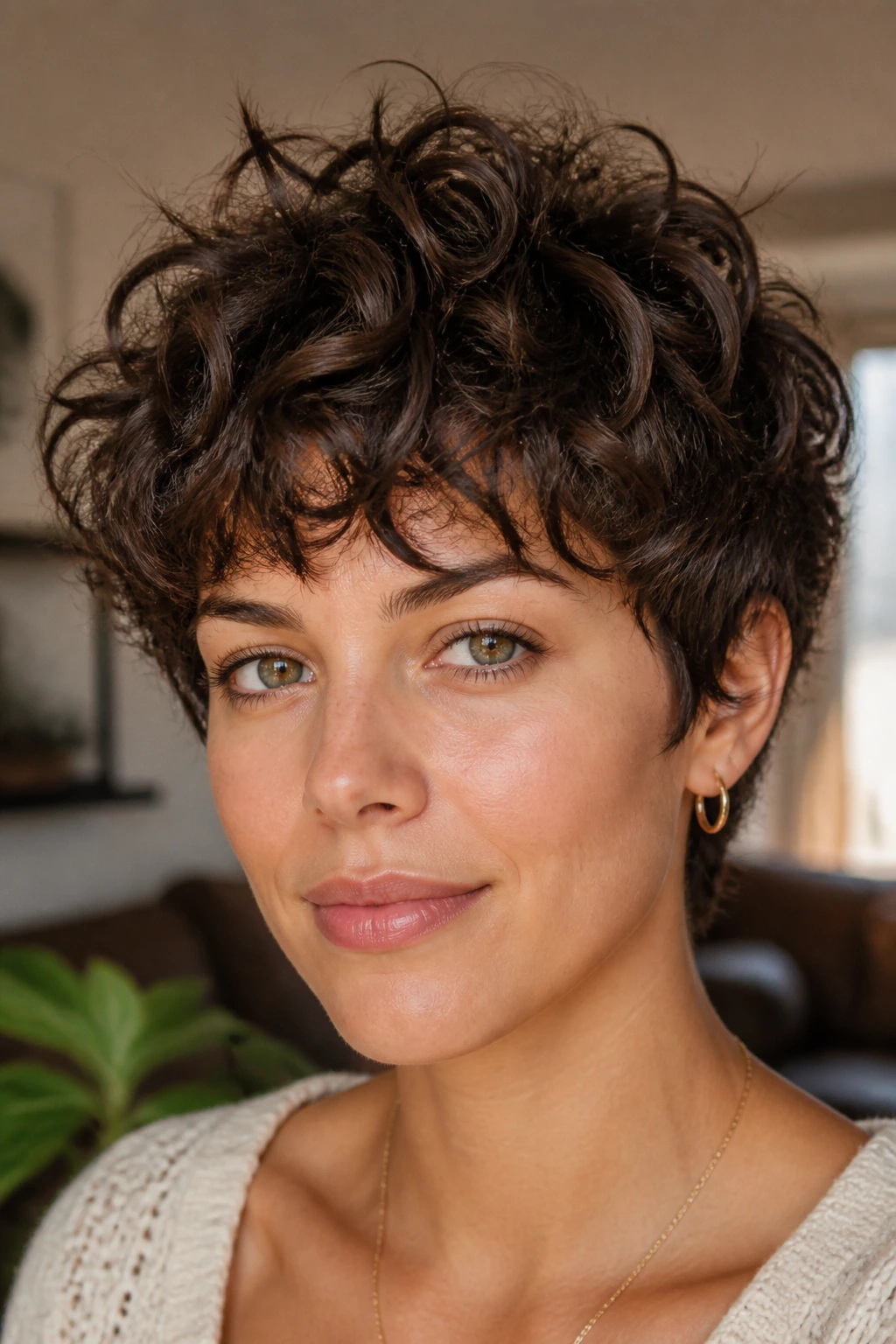 Close-up of a real woman with a shaggy curly pixie and choppy texture in warm window light