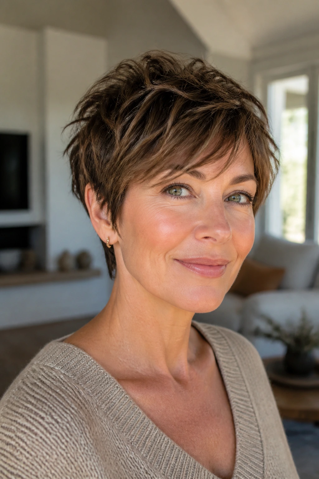 Close-up of a real woman with shaggy pixie crop in a bright living room