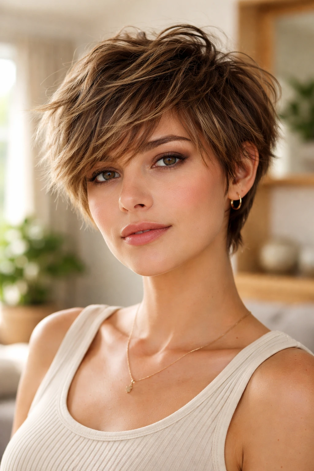 Close-up of a real woman with a shaggy pixie crop and casual texture