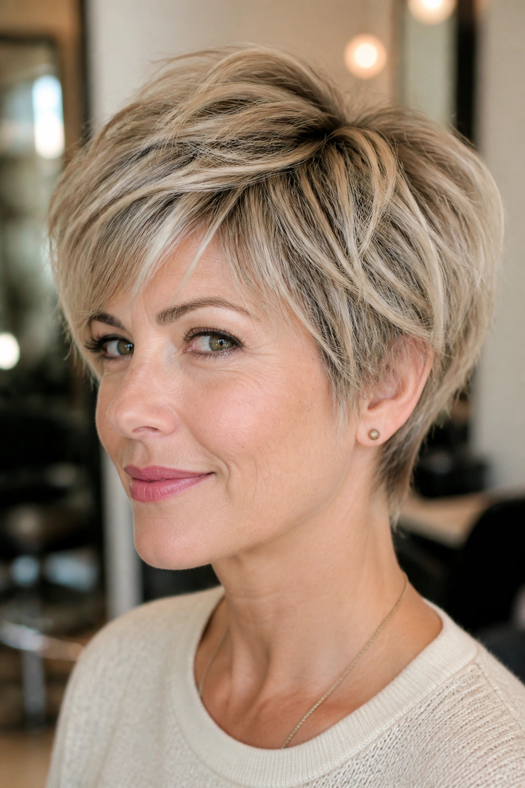 Close-up of a real woman with shaggy crown-length pixie and beige highlights