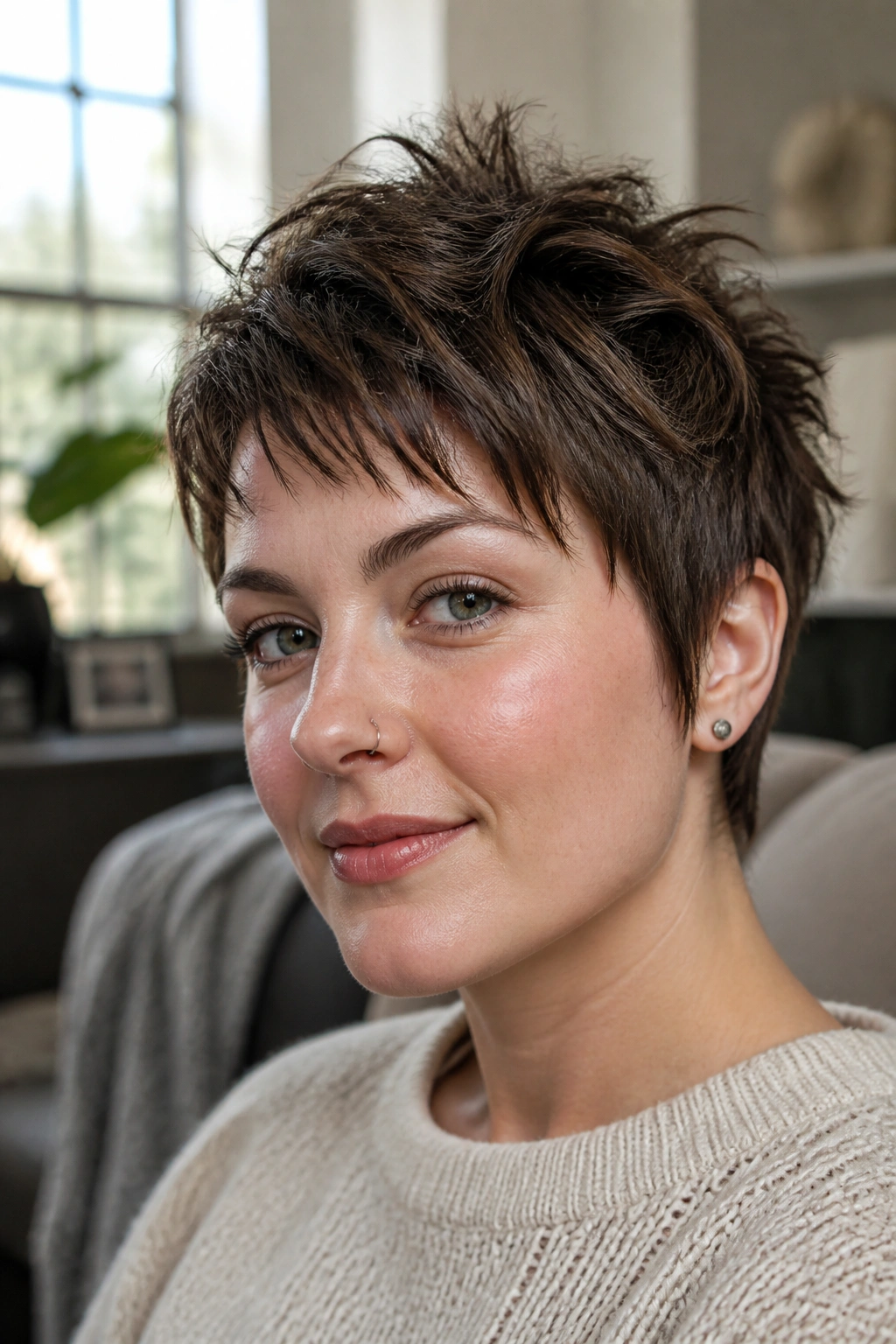Close-up of a real woman with a shaggy pixie crop and choppy crown pieces in natural light