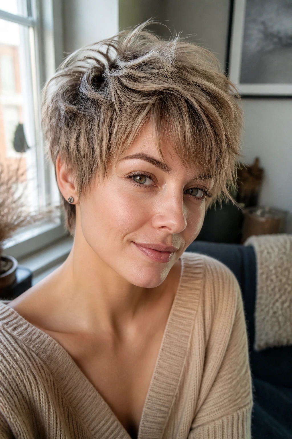 Close-up of a real woman with a shaggy pixie cut hairstyle.