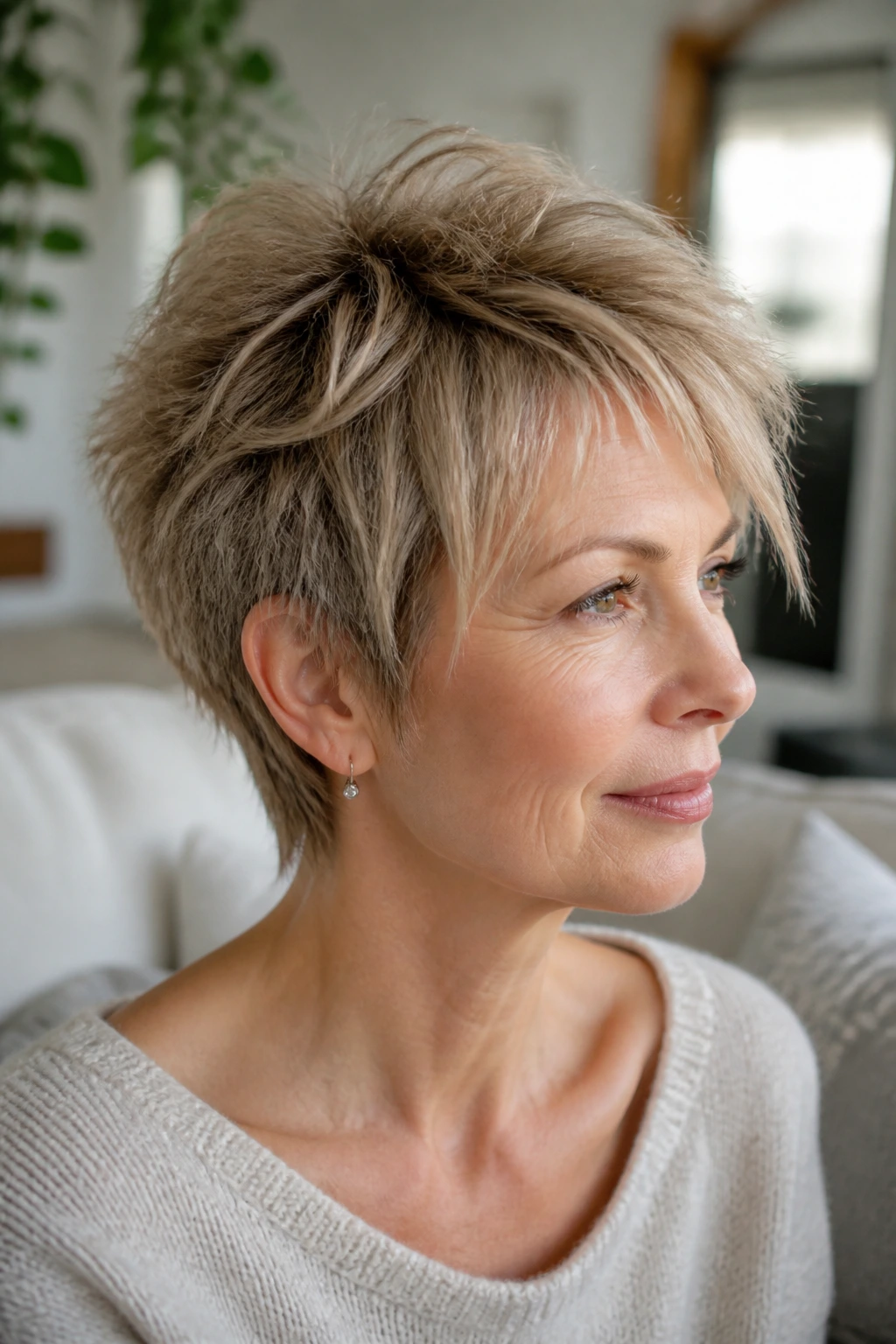 Close-up portrait of a real woman with a shaggy pixie and feathered crown