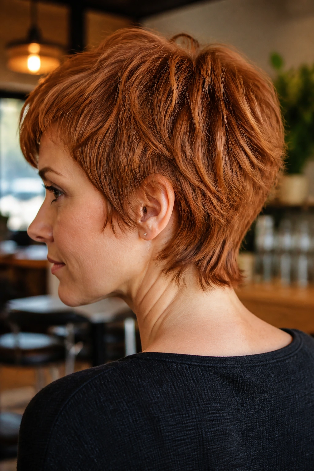 Close-up of a real woman with shaggy ginger pixie and feathered nape.