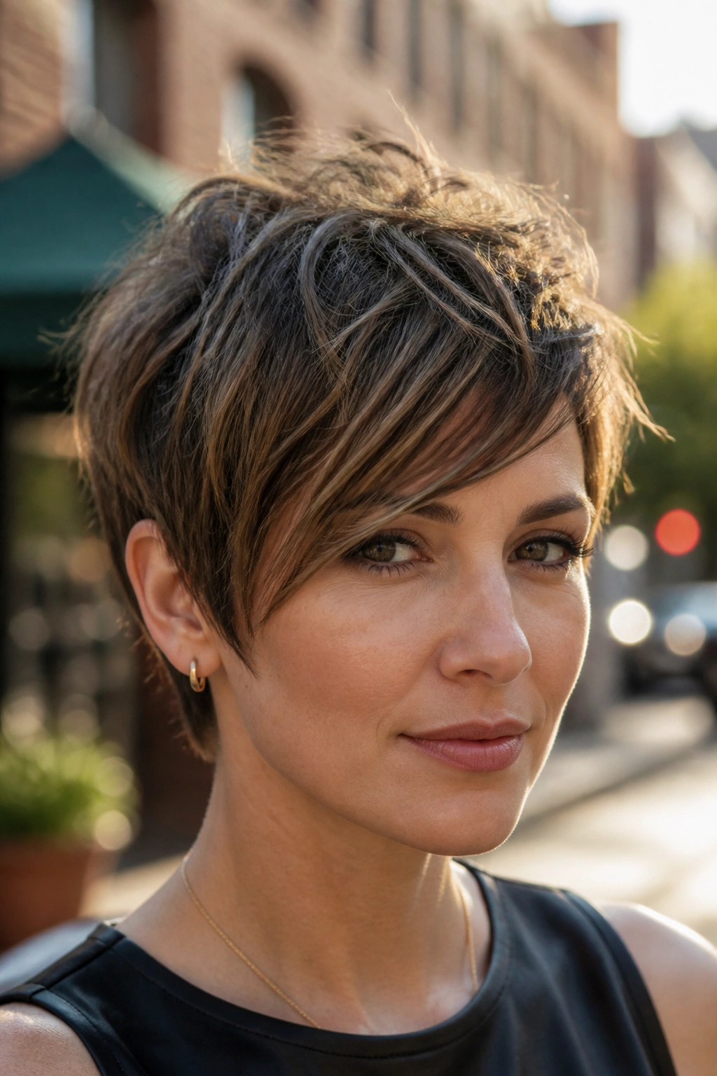 Real woman with shaggy pixie and slanted fringe on an urban street