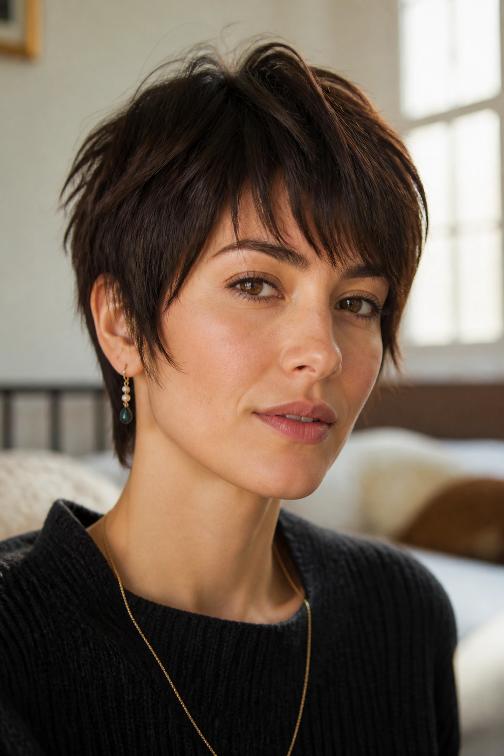 Close-up portrait of a real person with glossy brunette shaggy pixie