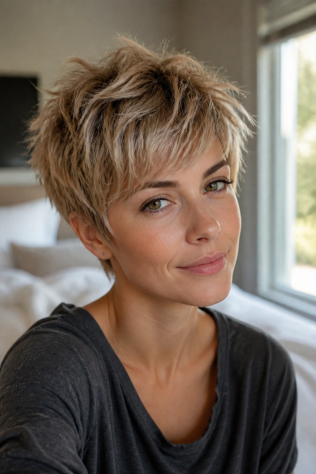 Close-up portrait of a real woman with Shaggy Pixie hairstyle in bright bedroom light