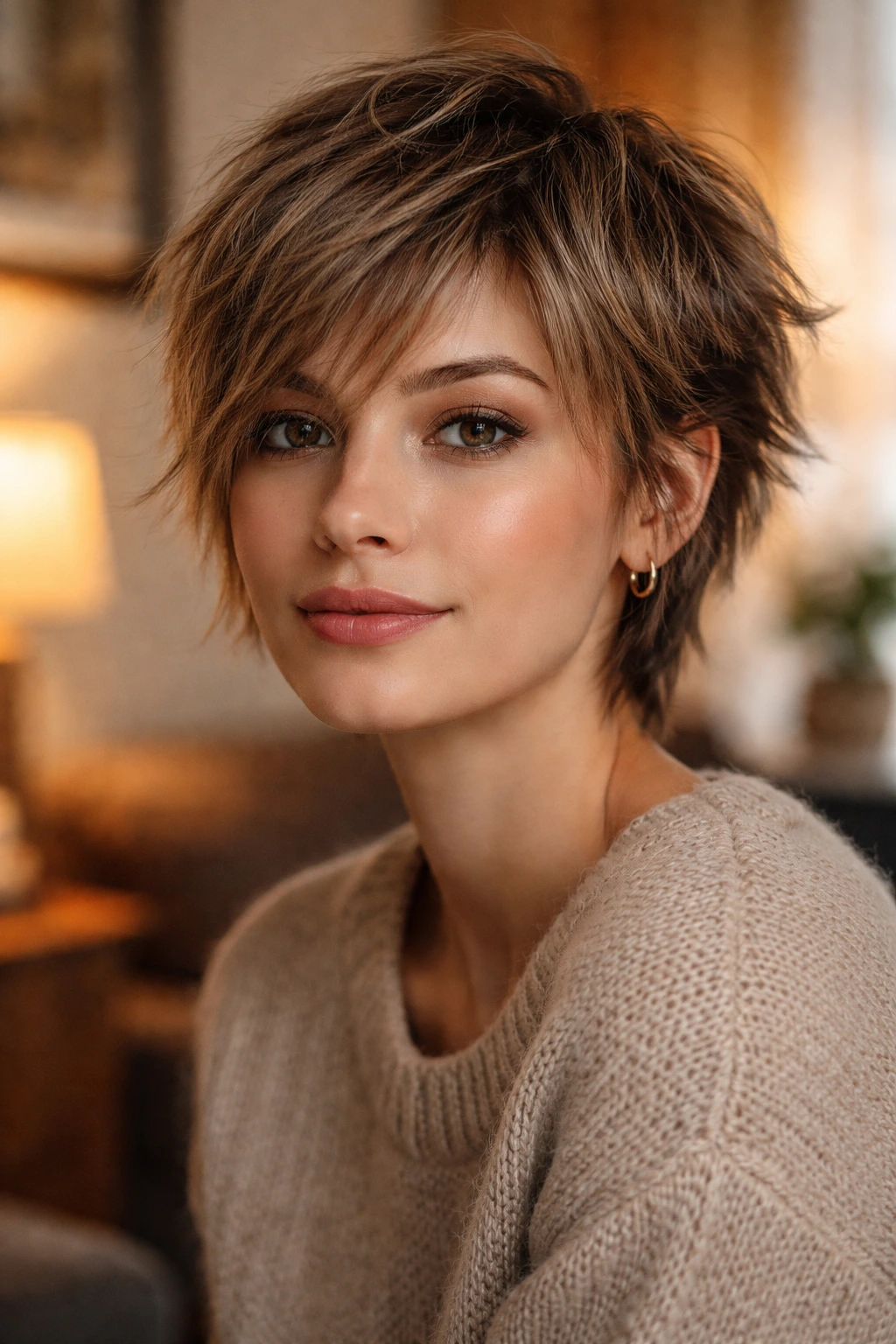 Close-up portrait of a real woman with a shaggy pixie hairstyle in a cozy living room