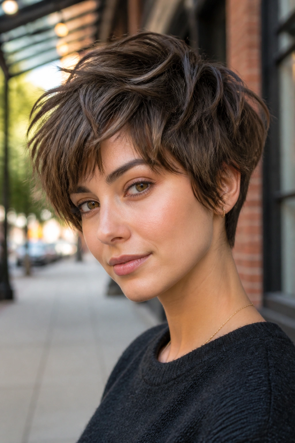 Portrait of a real person with shaggy pixie and broken-up layers on a city street