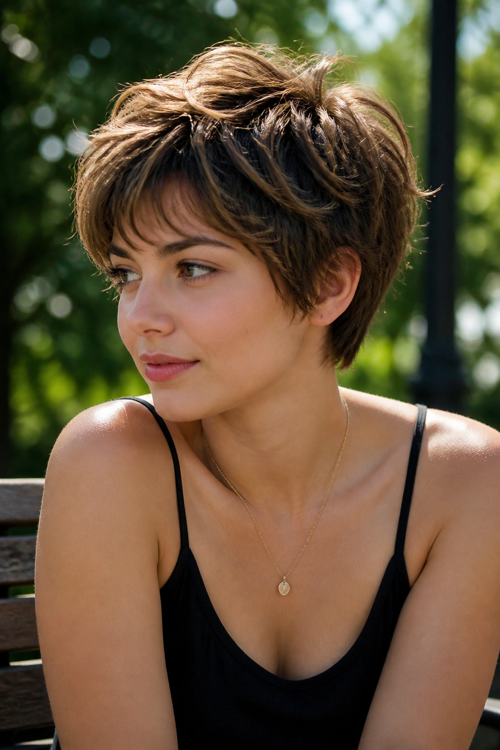 Close-up of a girl with a shaggy pixie hairstyle showing soft layers and broken fringe