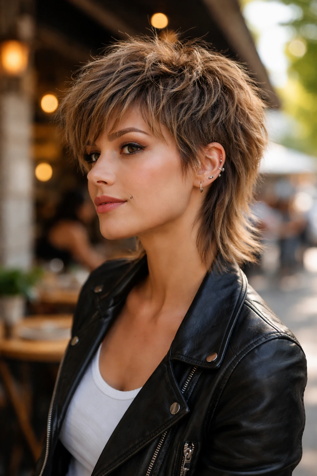 Portrait of a real person with shaggy pixie mullet energy in a cafe setting