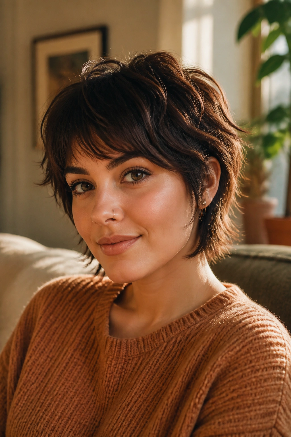 Close-up portrait of a real person with neck-grazing ends on a shaggy pixie