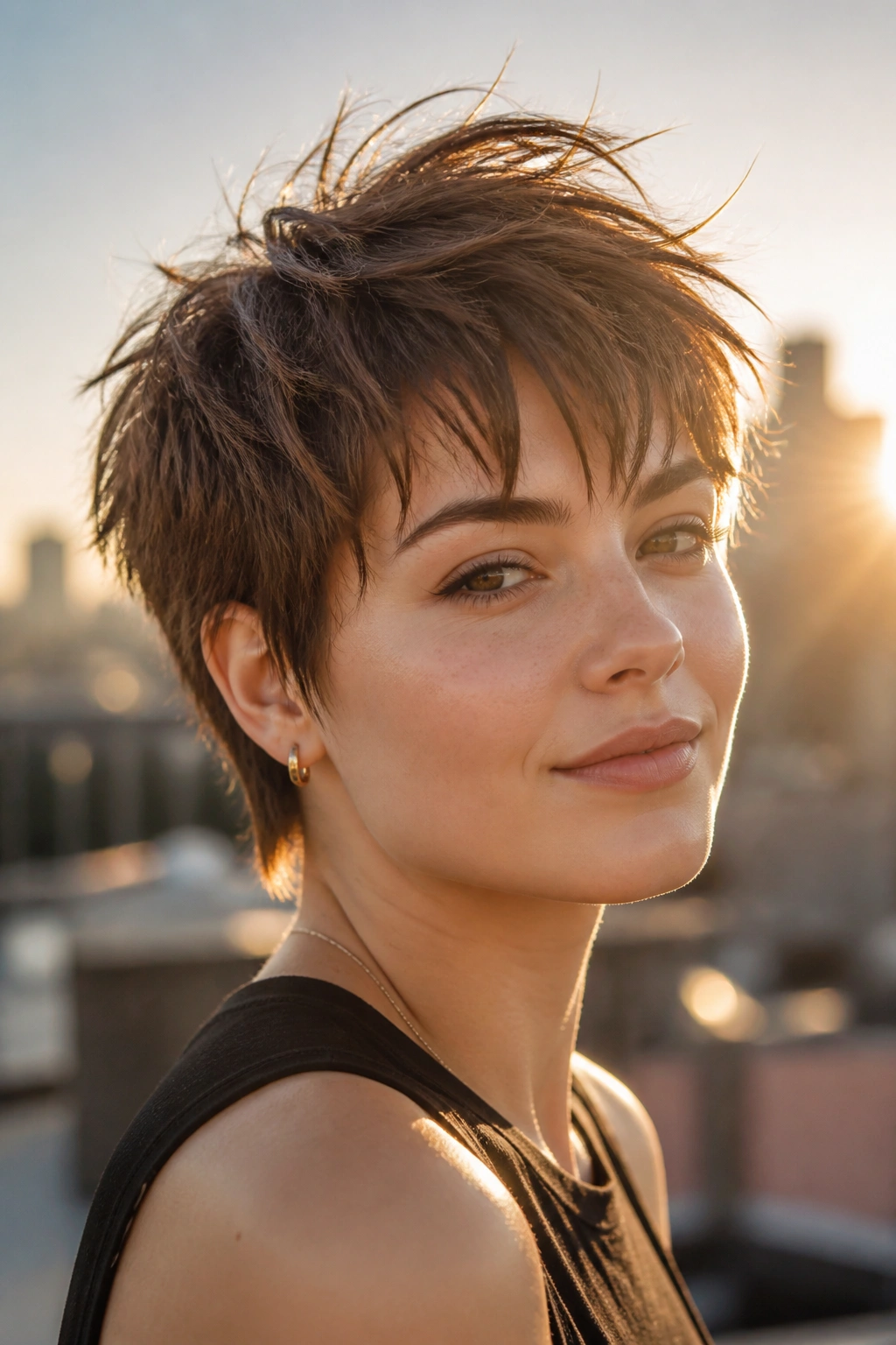Real person with shaggy pixie and razored ends on rooftop in golden hour light