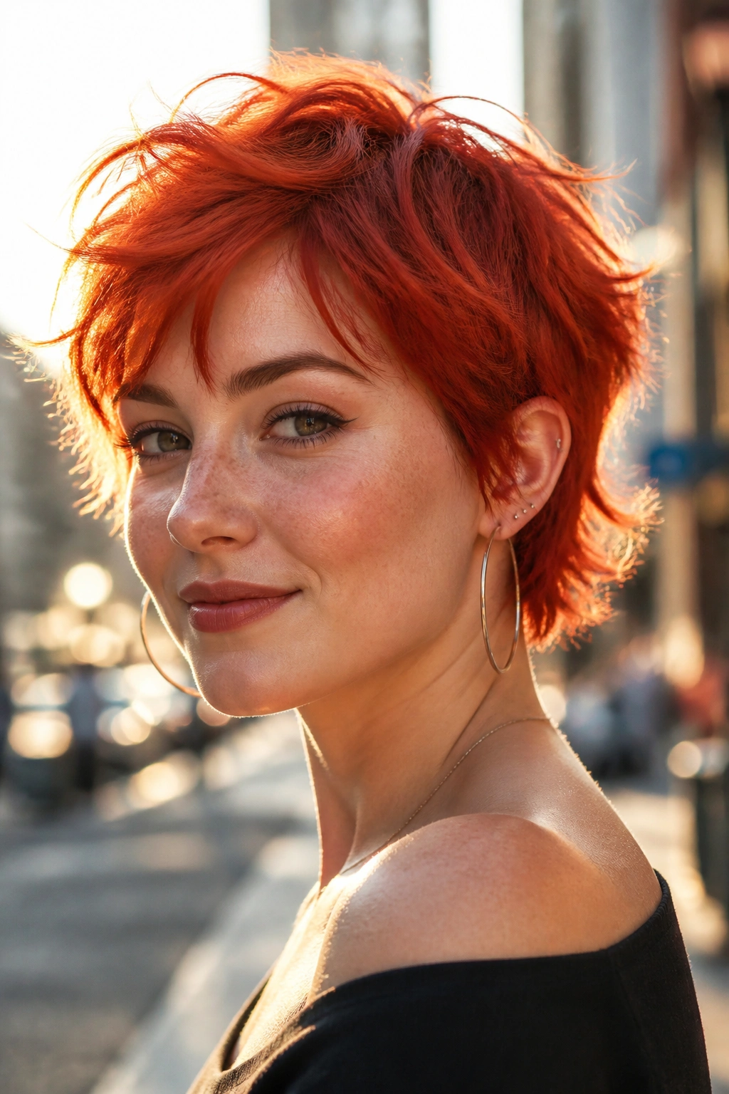 Real woman with shaggy flame pixie in golden hour light