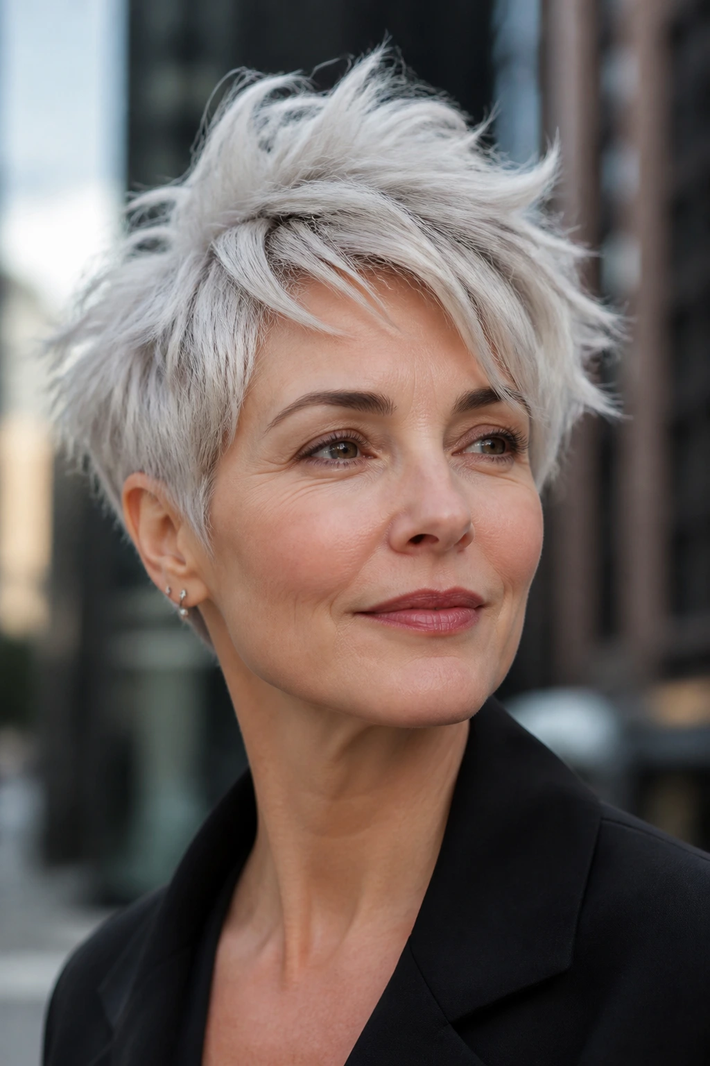 Portrait of a real woman with a shaggy silver pixie and messy top