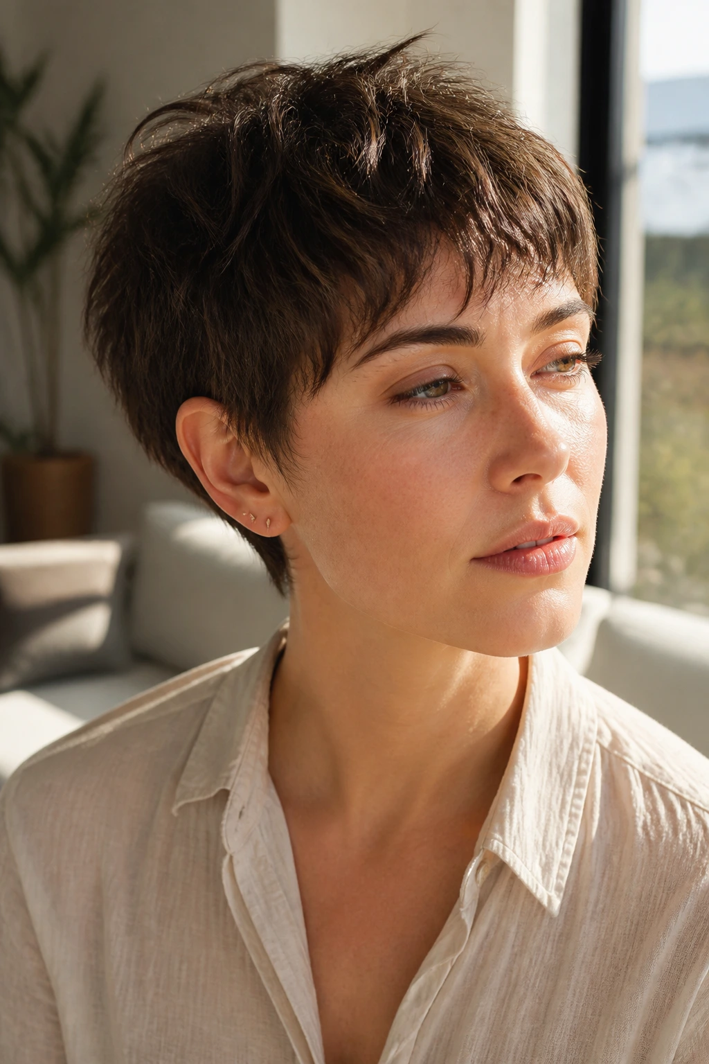 Close-up portrait of a real woman with shaggy pixie texture and soft layers