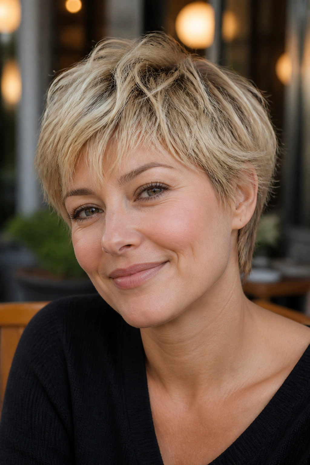 Close-up of a real woman with a shaggy wheat-blonde pixie hairstyle at an outdoor cafe.