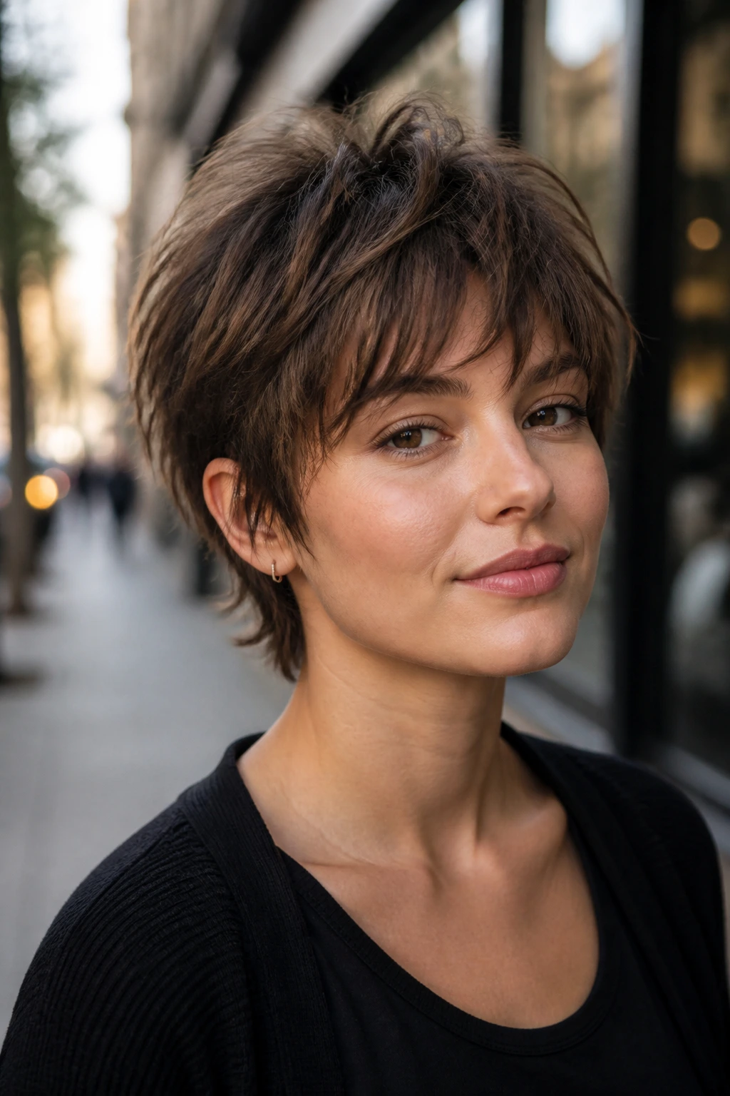 Close-up portrait of a real woman with a shaggy pixie and wispy bangs.