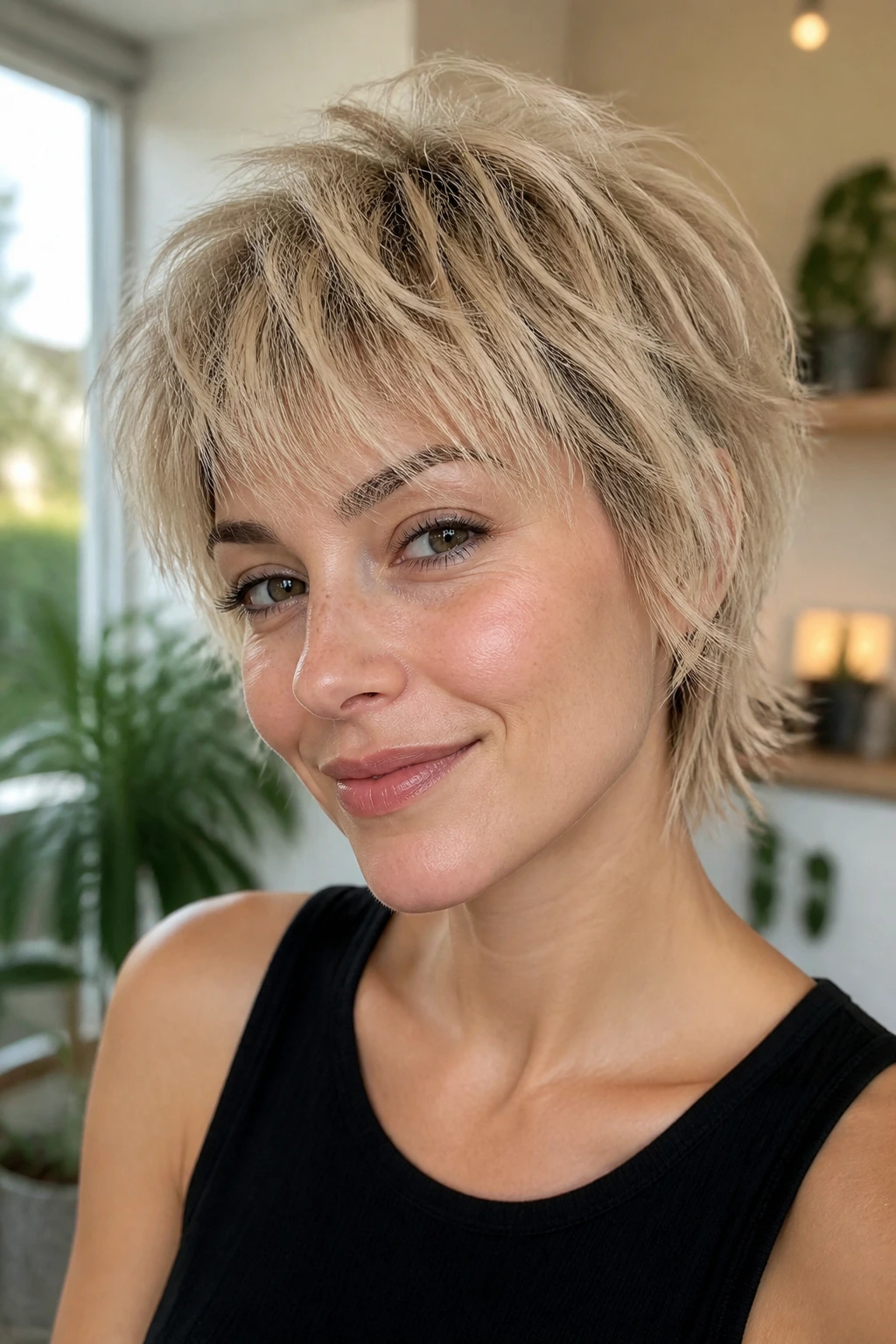 Real woman with shaggy pixie and wispy layers, natural sunlight
