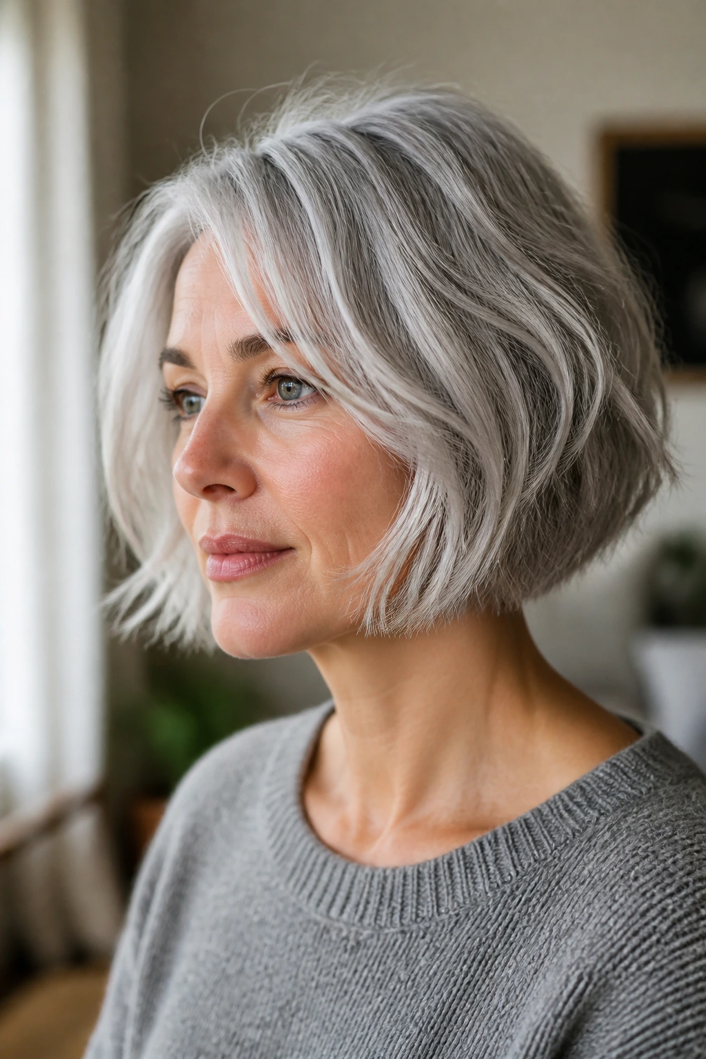 Close-up portrait of a real woman with a shaggy silver bob