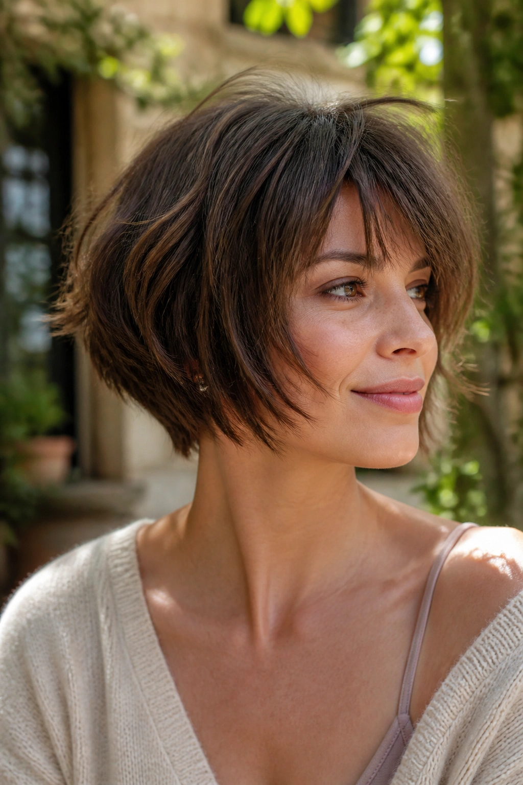 Portrait of a woman with a shaggy stacked bob featuring airy texture outdoors