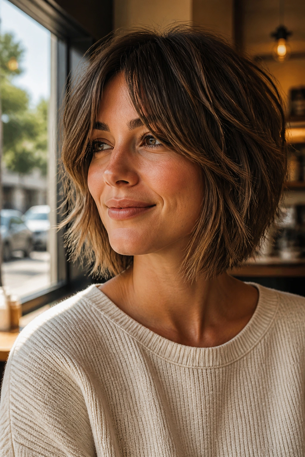 Portrait of a real person with a shaggy stacked bob and curtain bangs