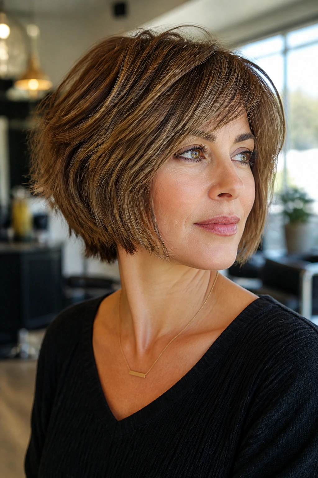 Close-up of a real woman with a shaggy stacked bob showing textured layers and crown lift in a bright salon.