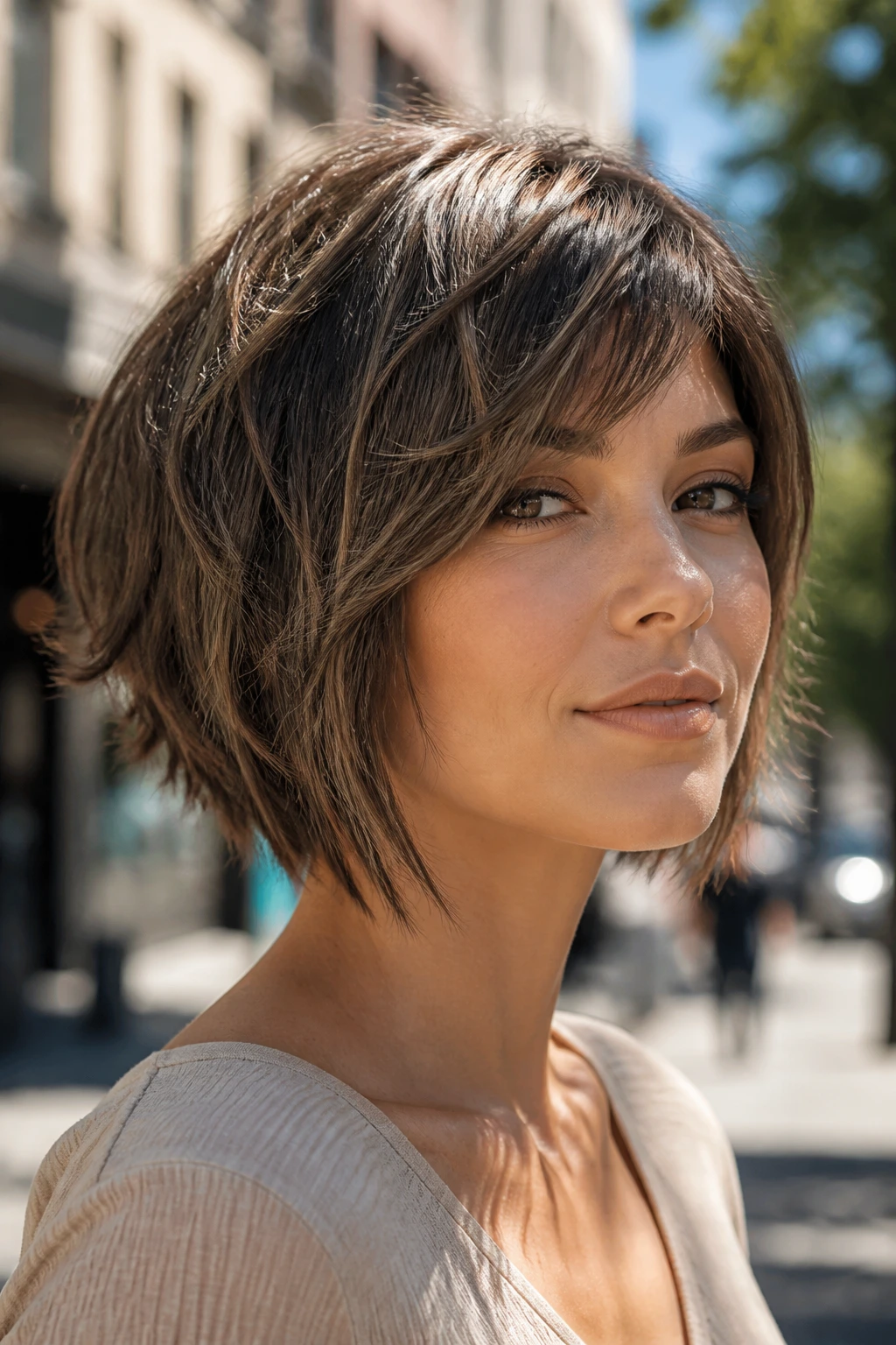 Close-up portrait of a real woman with a shaggy stacked bob and piecey ends