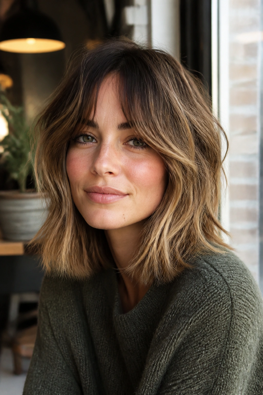 Close-up of shaggy textured lob with curtain bangs on a real person