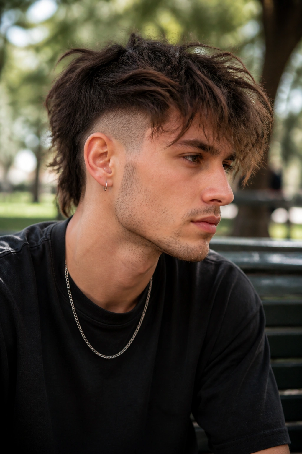 Portrait of a real person with a shaggy undercut in a park setting.