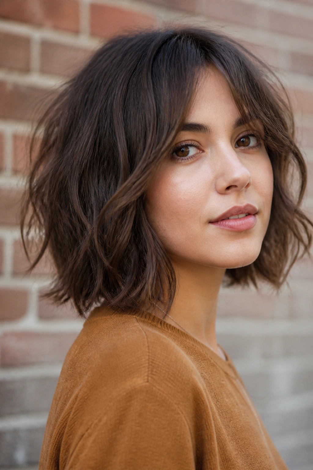 Close-up of real woman with shaggy wavy bob and choppy layers