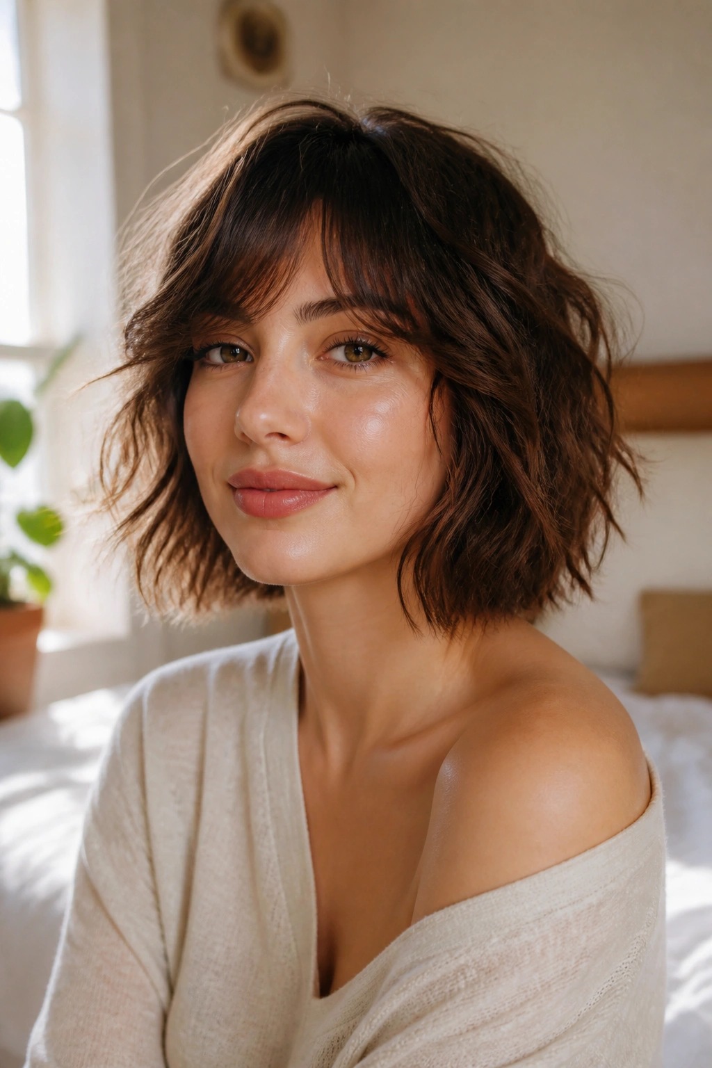 Close-up of a real woman with a shaggy wavy bob and choppy ends in natural window light