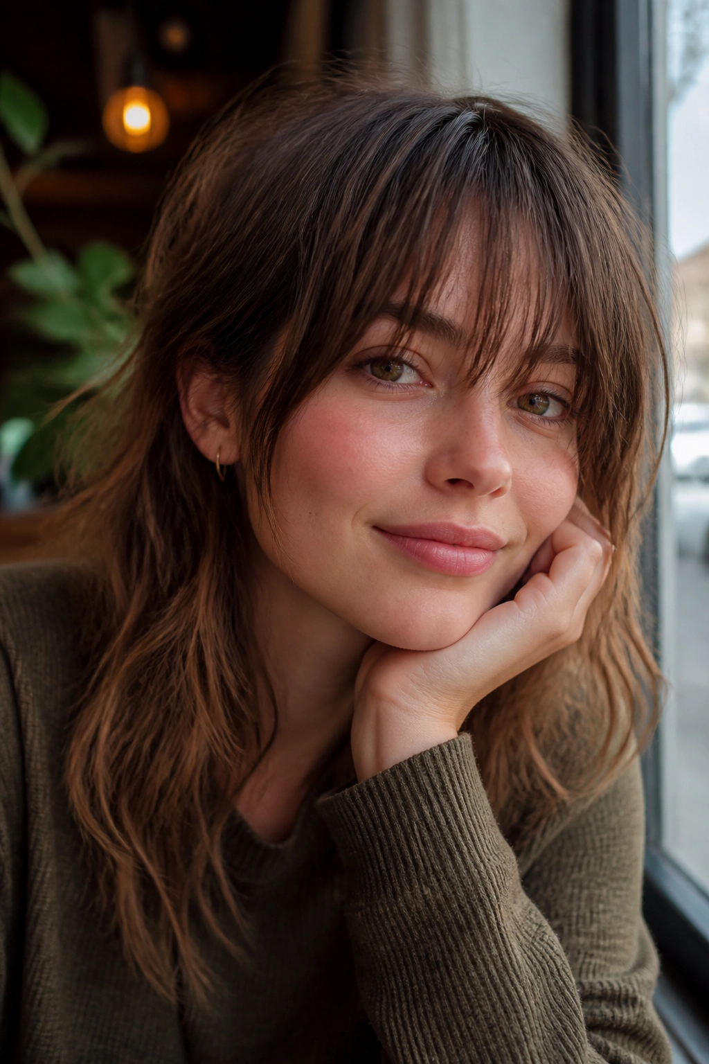 Close-up of a real person with shaggy, textured wispy bangs.
