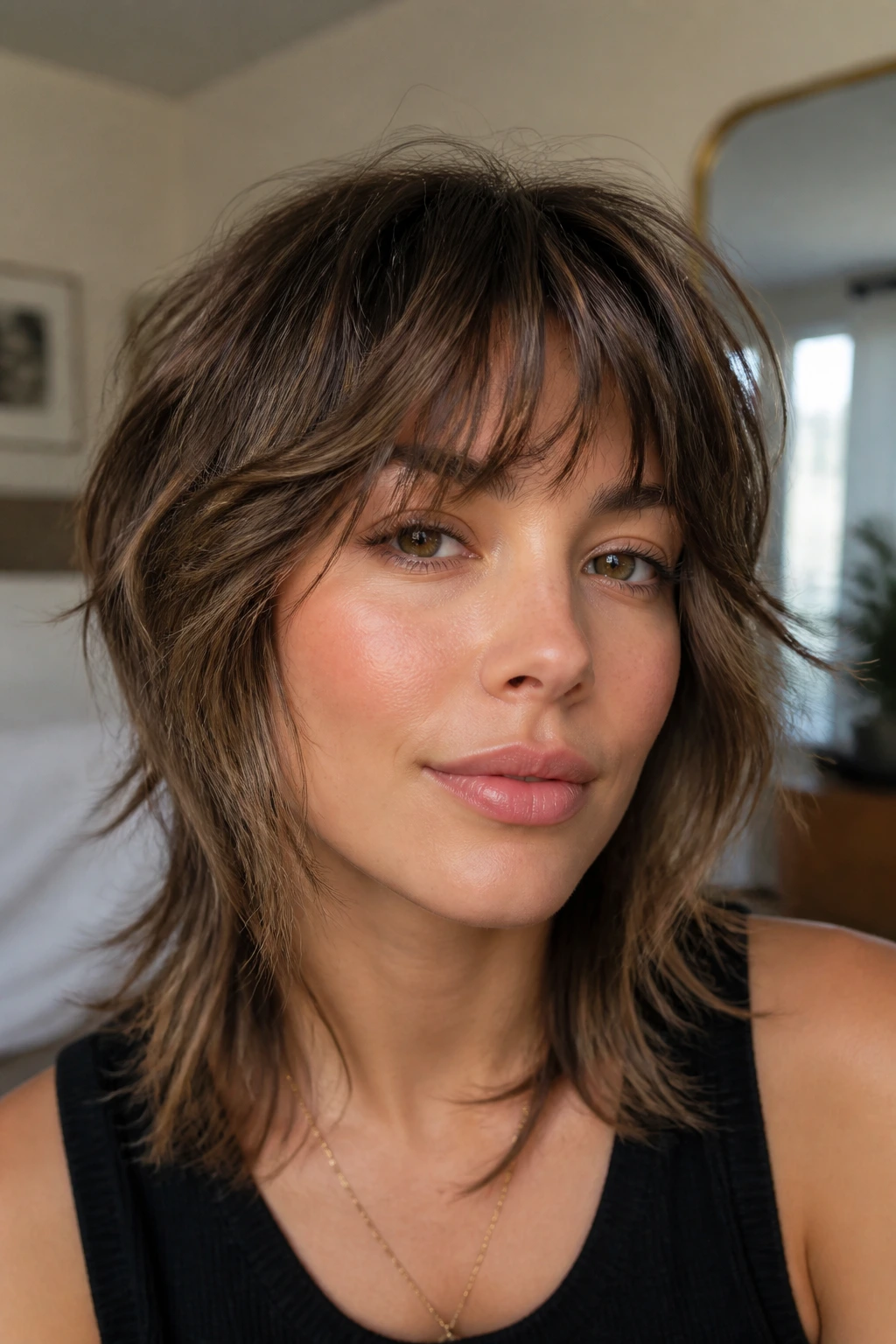 Close-up portrait of a real woman with shaggy wispy bangs and face-framing layers.